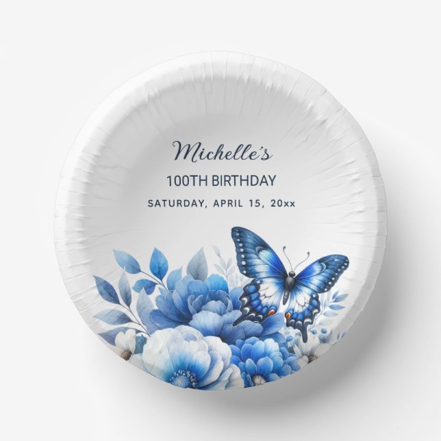 Blue Butterfly Flowers Elegant 100th Birthday Paper Plate (Front)