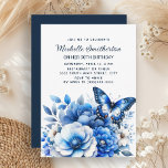 Blue Butterfly Flowers Elegant 90th Birthday Invitation<br><div class="desc">Elegant blue butterfly and flowers 90th birthday party invitation. Contact me for assistance with your customisations or to request additional matching or coordinating Zazzle products for your celebration.</div>
