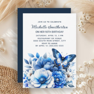 Blue Butterfly Flowers Elegant 90th Birthday Invitation