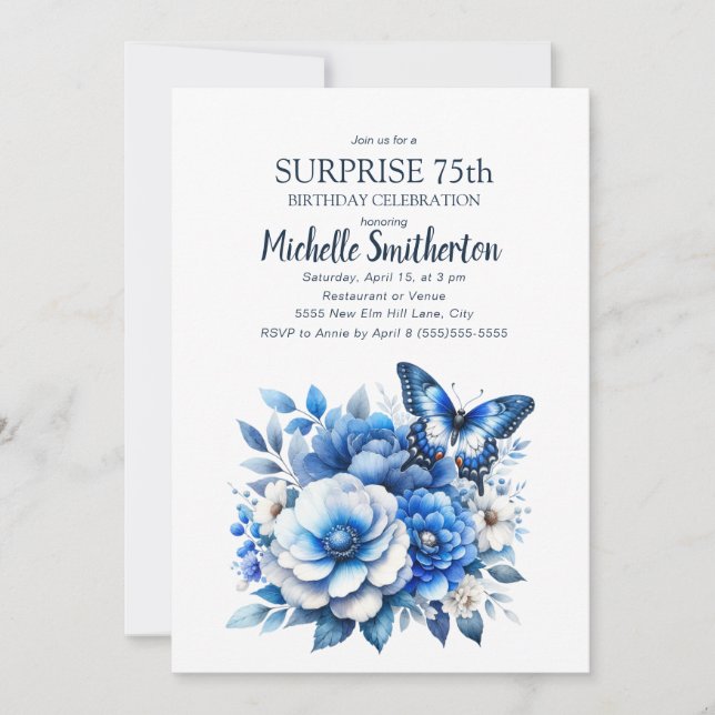 Blue Butterfly Flowers Surprise 75th Birthday Invitation (Front)