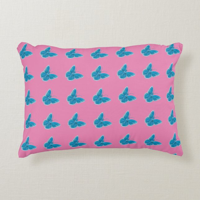 Blue Butterfly Fluttering Illustration Pattern Decorative Cushion (Front)