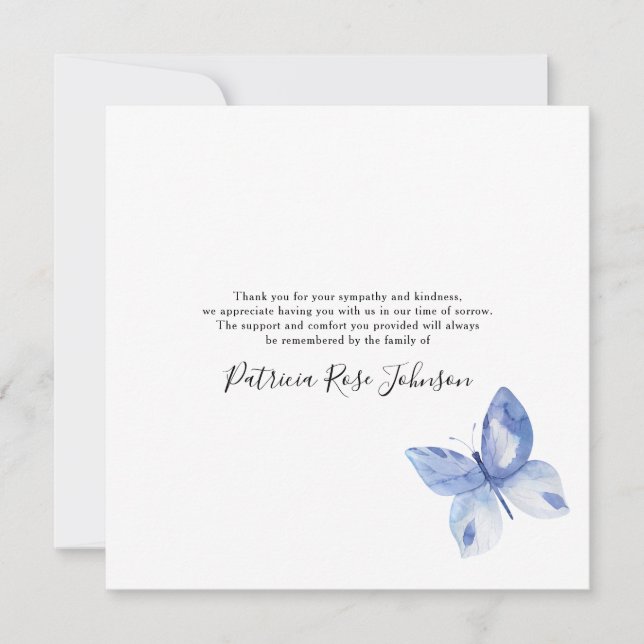 Blue Butterfly Funeral Memorial Thank You Note Card (Front)