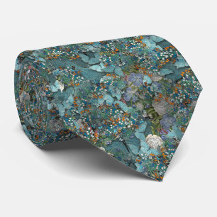 Blue Butterfly Garden Vintage Floral Pattern Tie