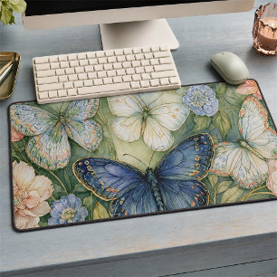 Blue Butterfly Garden with Romantic Florals Desk Mat