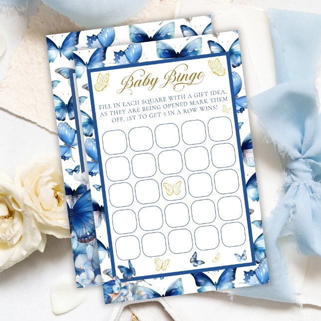 Blue Butterfly Gold Accent Baby Shower Bingo Game (Creator Uploaded)