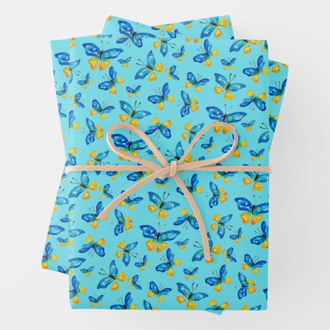 Blue Butterfly Hand-Drawn Watercolor Butterflies Wrapping Paper Sheet (In situ)