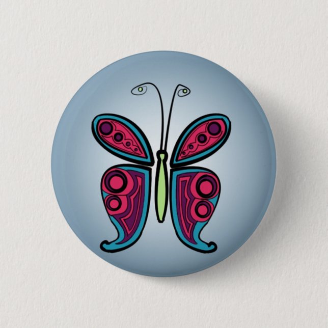 Blue butterfly illustration 6 cm round badge (Front)