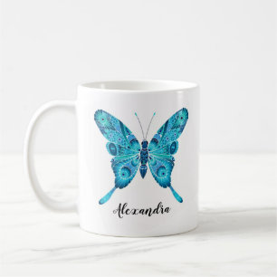 Blue Butterfly Illustration Custom Name 11oz Mug