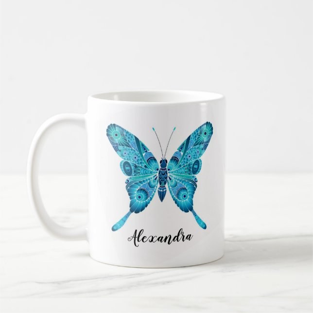 Blue Butterfly Illustration Custom Name 11oz Mug (Left)