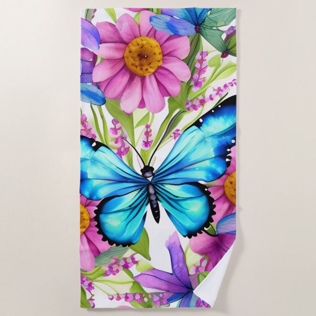 Blue Butterfly In a Field of Flowers Beach Towel (Front)