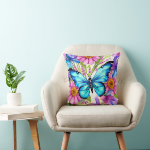 Blue Butterfly In a Field of Flowers Cushion