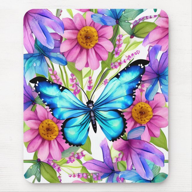 Blue Butterfly In a Field of Flowers Mouse Pad (Front)