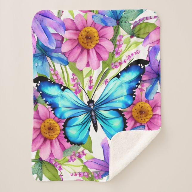 Blue Butterfly In a Field of Flowers Sherpa Blanket (Front)