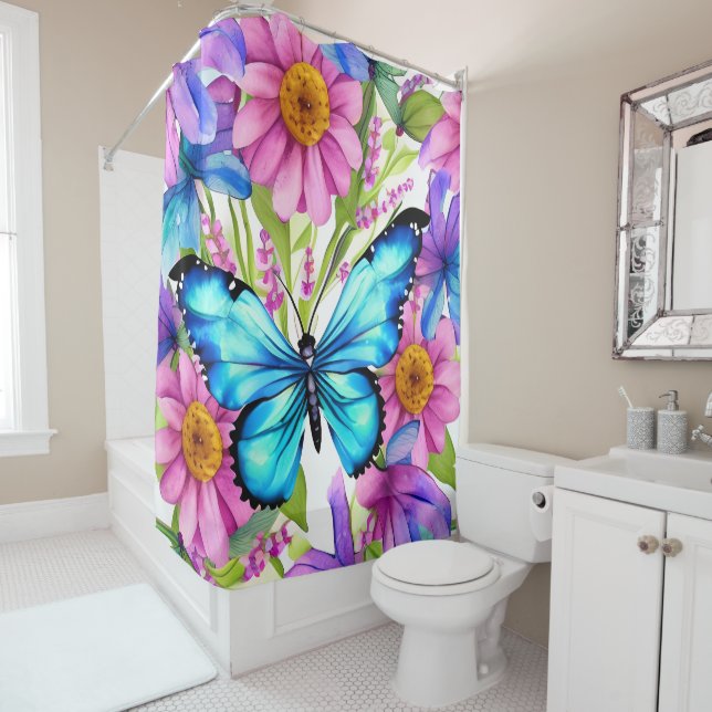 Blue Butterfly In a Field of Flowers Shower Curtain (In Situ)