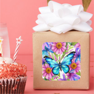 Blue Butterfly In a Field of Flowers Square Sticker