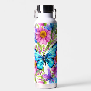 Blue Butterfly In a Field of Flowers Water Bottle