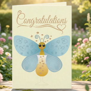 Blue Butterfly In Champagne Glass Congratulations  Card