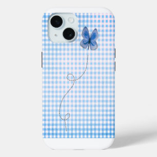 Blue Butterfly in Flight On Gingham iPhone 15 Case