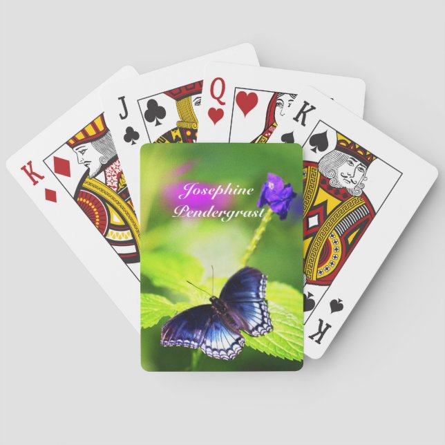 Blue Butterfly in floral setting Personalise Name Playing Cards (Back)