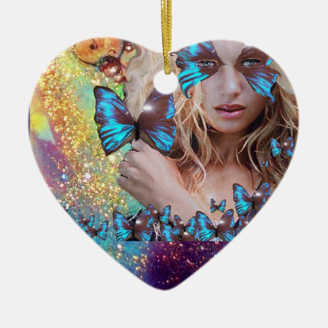 BLUE BUTTERFLY IN TEAL GREEN GOLD SPARKLES HEART CERAMIC TREE DECORATION (Front)