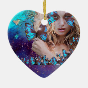 BLUE BUTTERFLY IN TEAL GREEN GOLD SPARKLES HEART CERAMIC TREE DECORATION