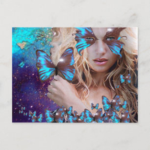 BLUE BUTTERFLY IN TEAL GREEN GOLD SPARKLES POSTCARD