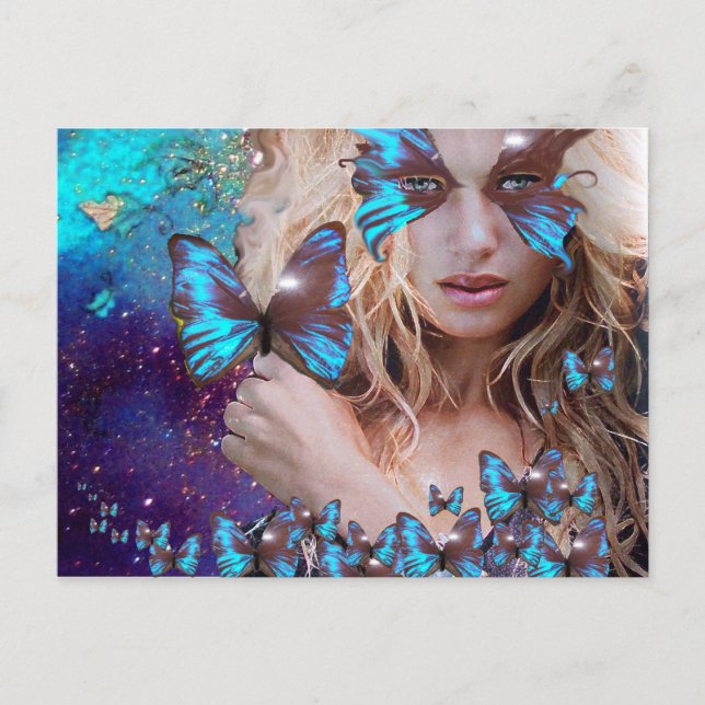 BLUE BUTTERFLY IN TEAL GREEN GOLD SPARKLES POSTCARD (Front)