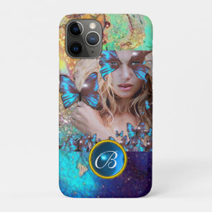 BLUE BUTTERFLY LADY,TEAL GOLD SPARKLE GEM MONOGRAM iPhone 11 PRO CASE