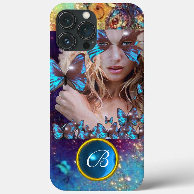 BLUE BUTTERFLY LADY,TEAL GOLD SPARKLE GEM MONOGRAM Case-Mate iPhone CASE (Back)