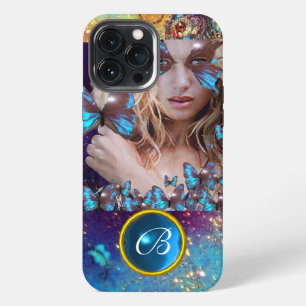 BLUE BUTTERFLY LADY,TEAL GOLD SPARKLE GEM MONOGRAM iPhone 13 PRO MAX CASE