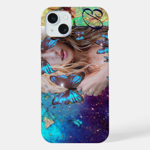 BLUE BUTTERFLY LADY ,TEAL GOLD SPARKLES MONOGRAM iPhone 15 PLUS CASE