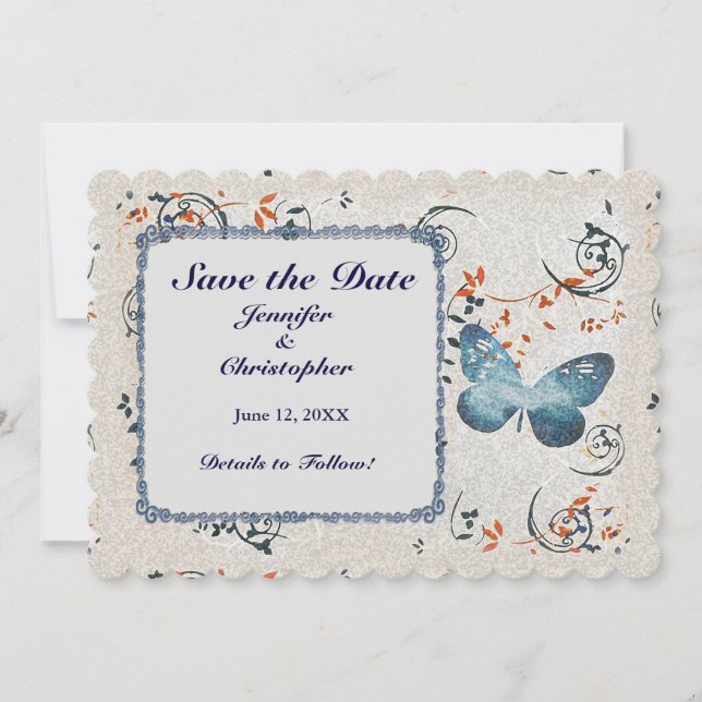 Blue Butterfly & Leaf Swirls Save The Date (Front)