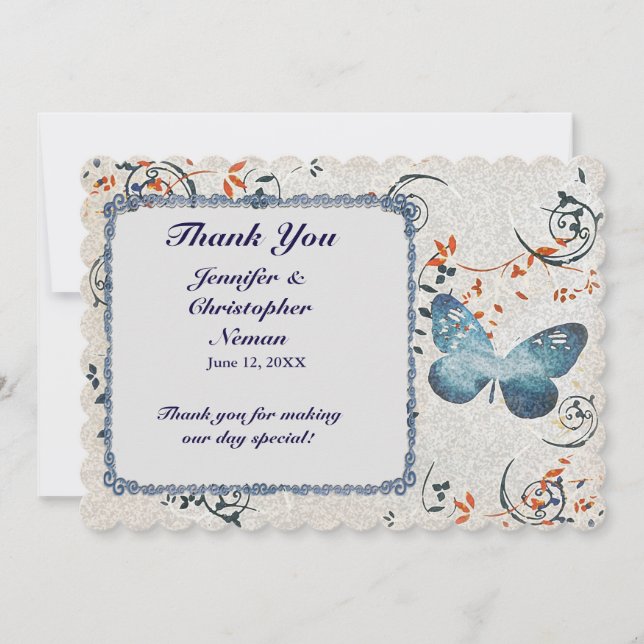 Blue Butterfly & Leaf Swirls Thank You Card (Front)