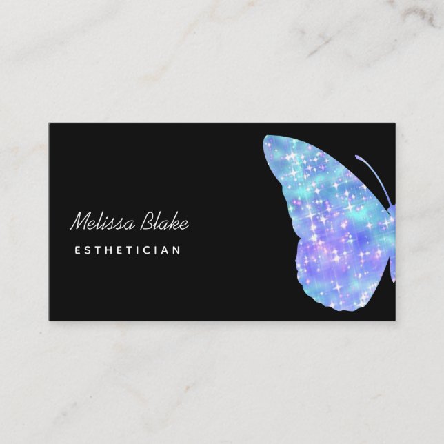 blue butterfly logo on black business card (Front)