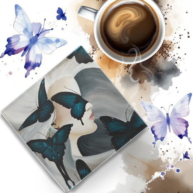 Blue Butterfly Masquerade Elegant Fantasy  Glass Coaster (Creator Uploaded)