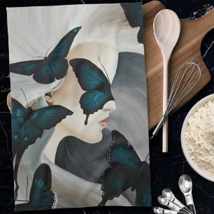 Blue Butterfly Masquerade Elegant Fantasy  Tea Towel