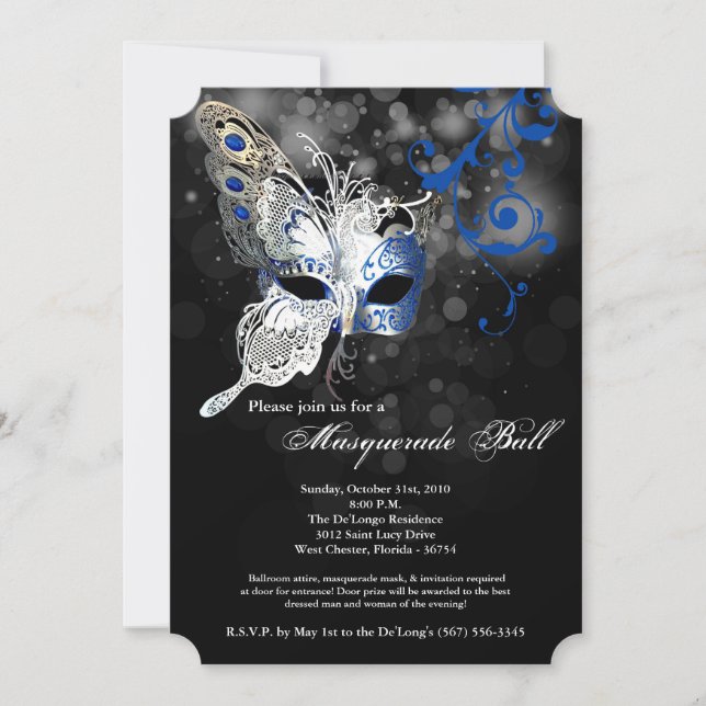 Blue Butterfly Masquerade Mask Costume Halloween Invitation (Front)