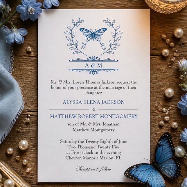 Blue Butterfly Monogram Formal Wedding Invitation (Creator Uploaded)