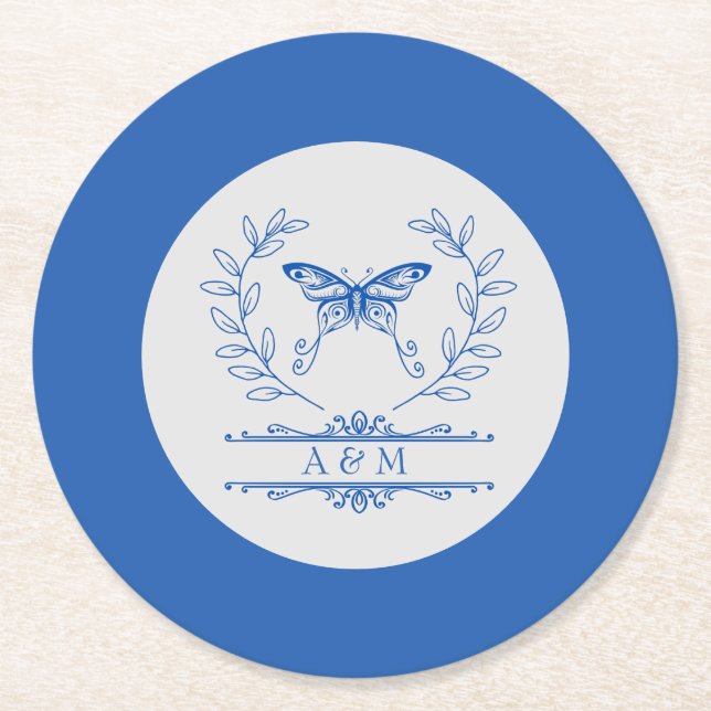 Blue Butterfly Monogrammed Wedding Paper Coaster (Front)