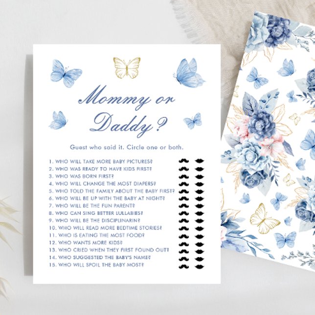 Blue Butterfly Mummy or Daddy Baby Shower Game (Creator Uploaded)
