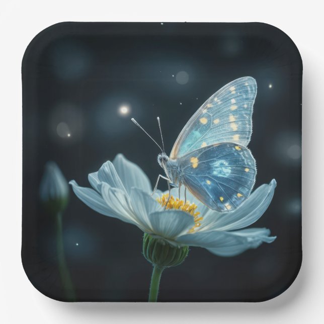 Blue Butterfly On a Moonflower Paper Plate (Front)