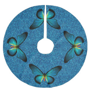 Blue Butterfly On Blue Glitter Tree Skirt