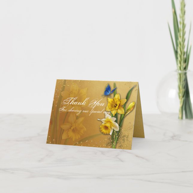 Blue Butterfly on Daffodils Wedding Thank You Card (Front)