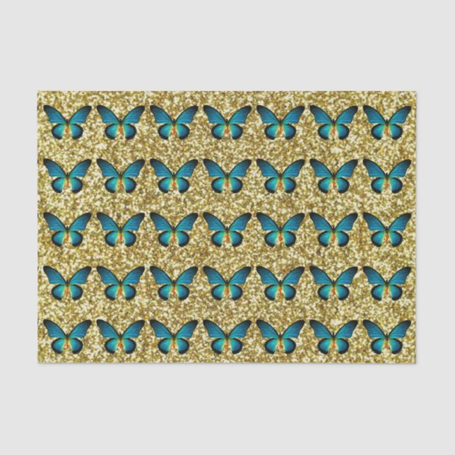 Blue Butterfly On Gold Glitter Tissue Paper (Front)