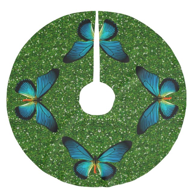 Blue Butterfly On Green Glitter Tree Skirt (Front)