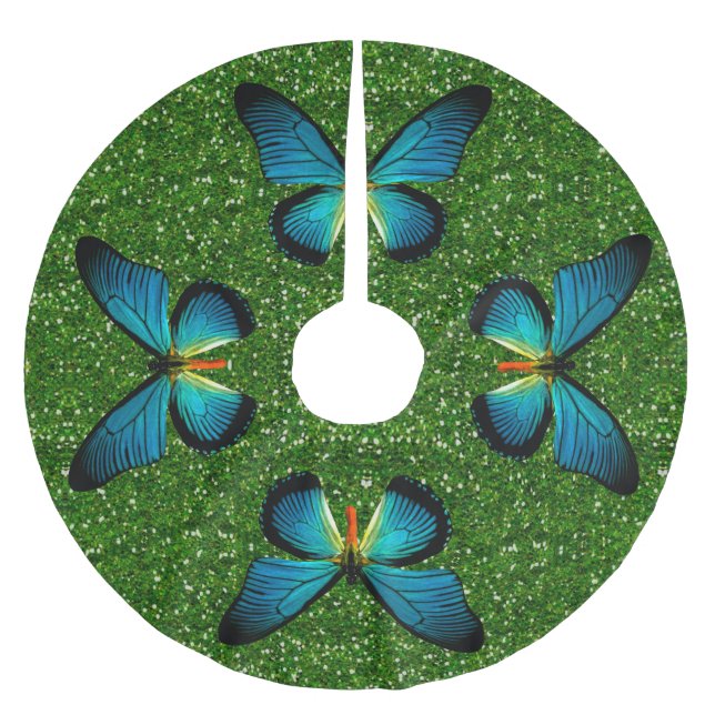 Blue Butterfly On Green Glitter Tree Skirt (Front)
