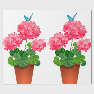 Blue Butterfly On Pink Flowers Wrapping Paper