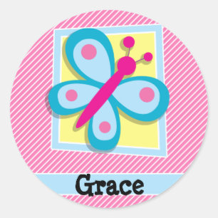Blue Butterfly on Pink & White Stripes Classic Round Sticker