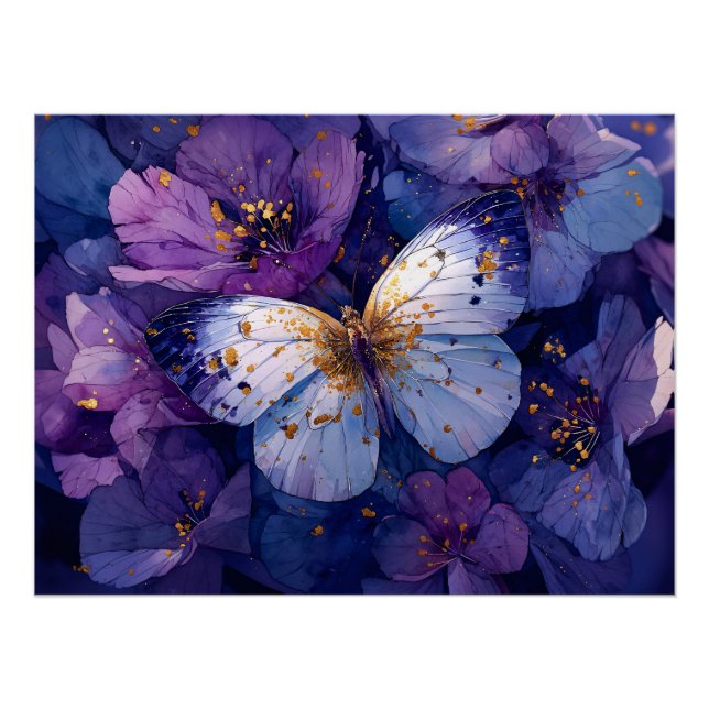 Blue Butterfly on Purple Flowers Poster (Front)