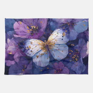 Blue Butterfly on Purple Flowers Tea Towel